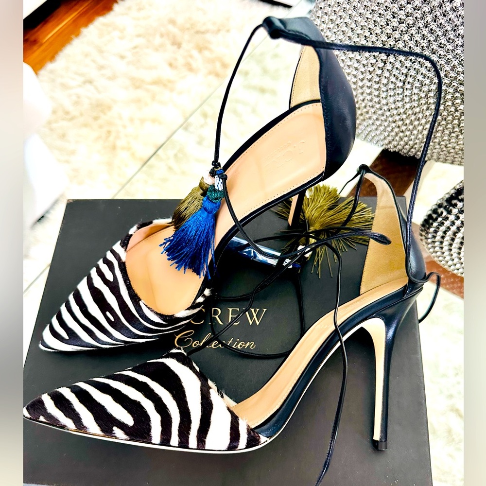 J Crew Wonens Black White Tie Ankle Pump Heels size 10 1/2 - Picture 2 of 3